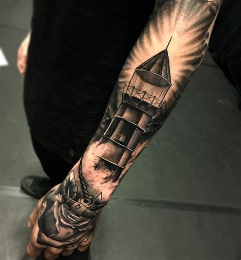 Nice Grey Lighthouse Tattoo On Forearm. . Forearm lighthouse tattoo